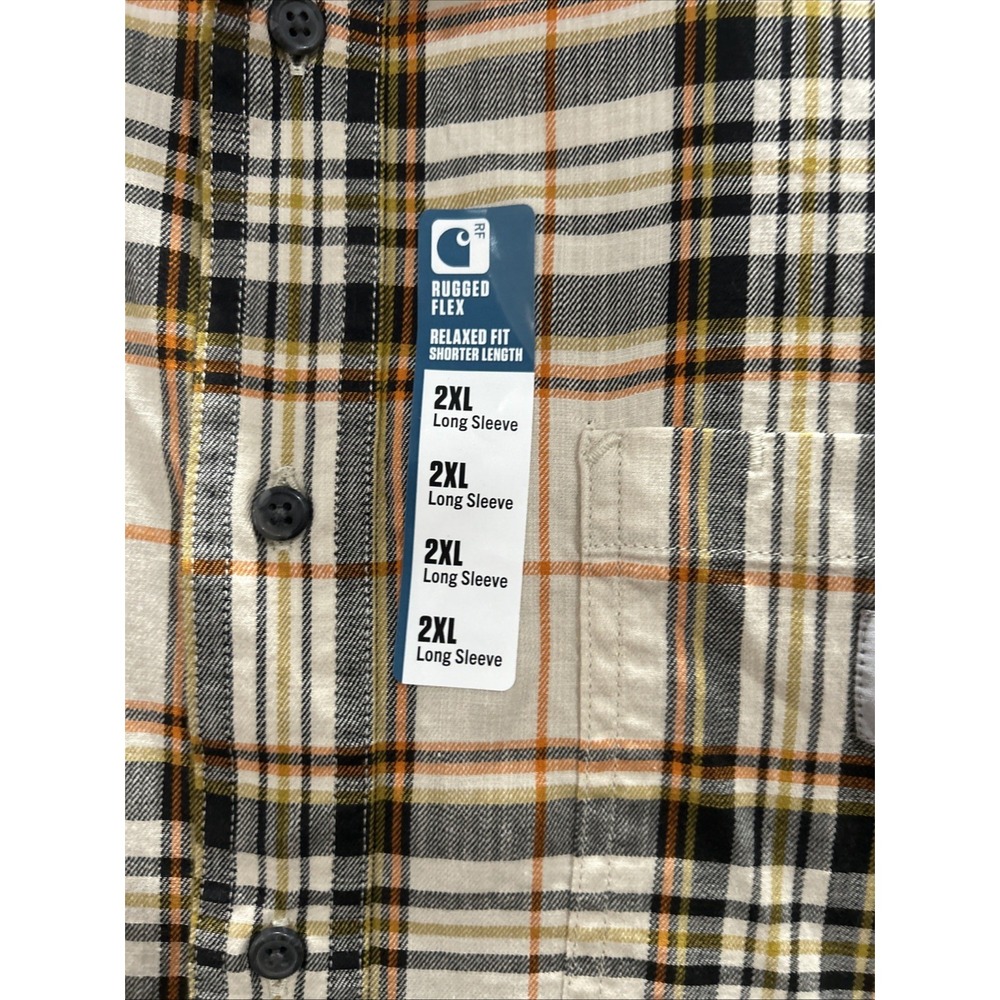 Carhartt Men's Rugged Flex Relaxed Fit Lightweight Long Plaid Shirt Cream/Orang - Picture 4 of 9